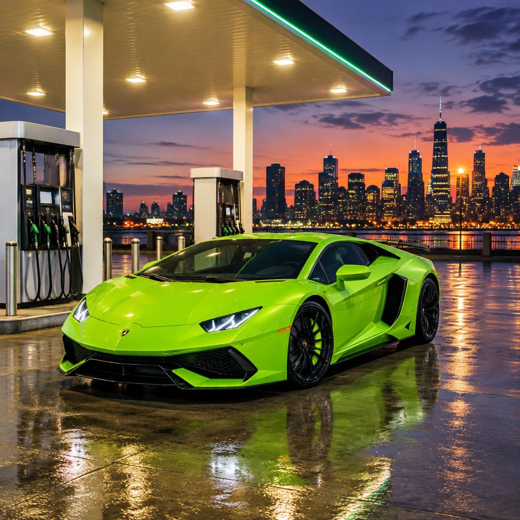 standing beside a lime-green unbranded exotic sports car at a city gas station at dusk